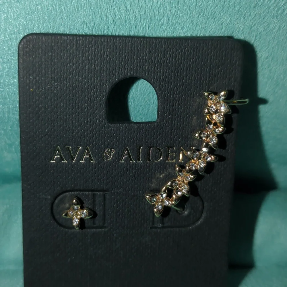 Ava & Aiden Gold Tone Flower Stud Earrings & Matching 1" Ear Cuff | Dainty & Mod - Picture 2 of 5